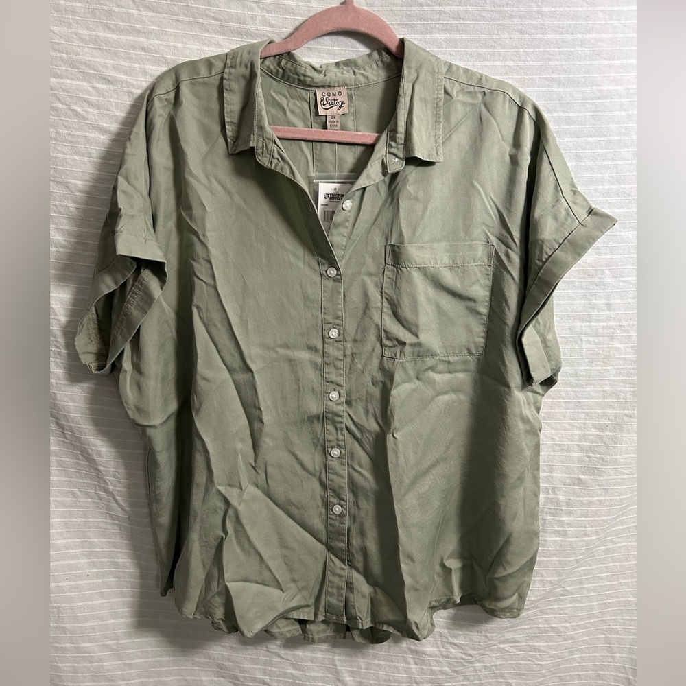 NWT’s Como Vintage Blouse Women's Olive Green Shirt Button Down Size 2X